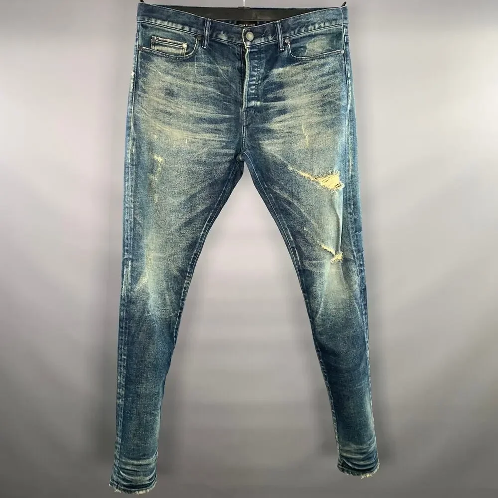 JOHN ELLIOTT Size 34 Blue Distressed Denim Button Fly Jeans